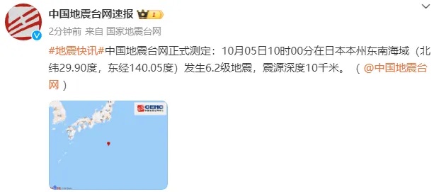 日本本州东南海域发生6.2级地震，震源深度10千米